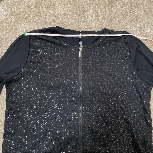 NWOT Quacker Factory XL Black 3/4 Sleeve Sequin Scroll Knit Jacket with Hood - Picture 12 of 15